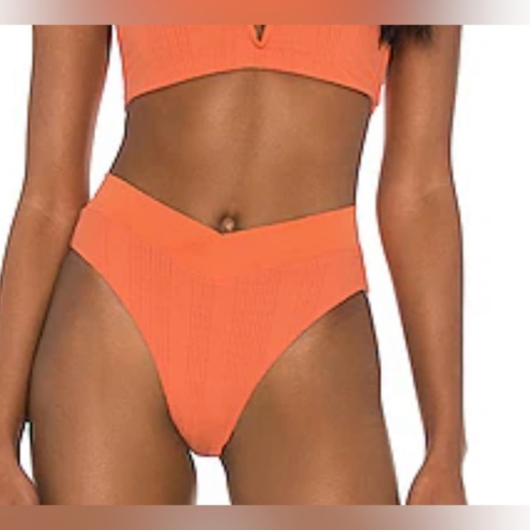 L*Space Womens Pointelle Rib Court Bikini Bottom in poppy orange/red - Picture 2 of 7